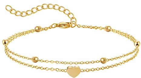 AFSTALR Fußkette Damen Fusskette Edelstahl Herz Layered Anhängern Silber Doppel-Fußkettchen Für Damen Edelstahl Verstellbare Fußschmuck Coin Fußkette Für Damen 丨Gold