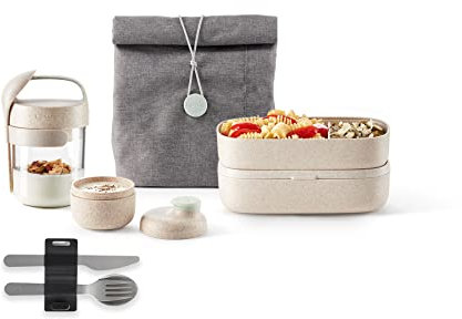 Lékué Jar To Go Organic, Beis, 400ml + Recipiente para Salsas Organic, Beis, 50ml + Lunchbox To Go Organic, Beis, 1000ml + Bolsa Lunchbag To Go Organic, Gris, 4l + Juego de cubiertos para llevar