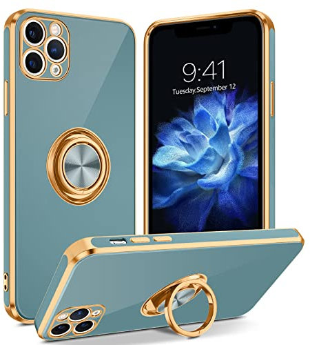 YINLAI iPhone 11 Pro Max Case Soft Silicone TPU Slim Case with Gold Magnetic Ring Holder Shockproof Women Protective Girls Case Cover for iPhone 11 Pro Max 5G, Grey