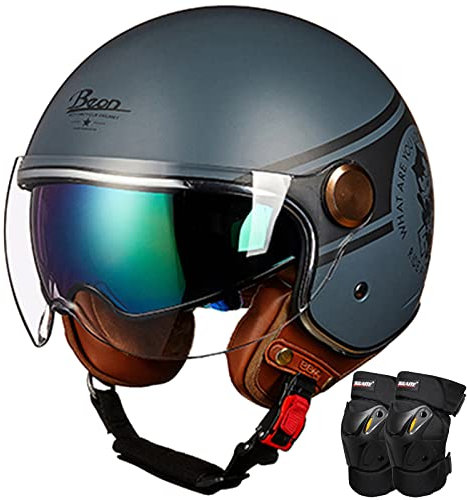 Retro Motorrad Helm, Erwachsene Jethelm mit Doppelvisier und Knee Pads, ECE Zertifiziert Offenem Helm Damen Herren Halbschalenhelm für Moped Scooter Roller Chopper Schutzhelm - Atmungsaktives Futter