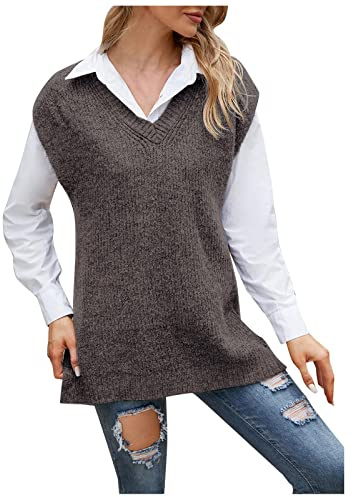 Pullunder Winter Herbst Damen Strickweste Ärmellose Strickpullover Sweater Vest Elegante Casual Strickpulli Trendiger Pullover Einfarbig Lang Strickpullunder Longweste V-Ausschnitt Zopfmuster
