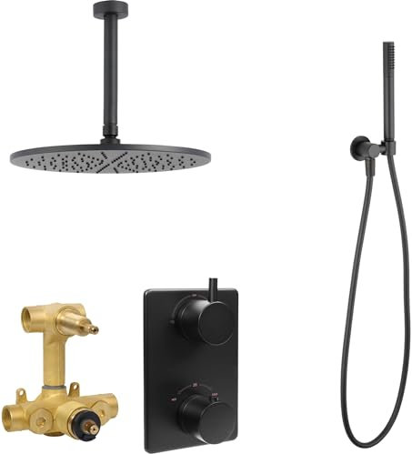 Saqu Shine Unterputz Duscharmatur Decke Ø 30 cm - mit Deckenanschluss Matt Schwarz - Regendusche Duschset mit Duschkopf Duschsystem Duschgarnitur