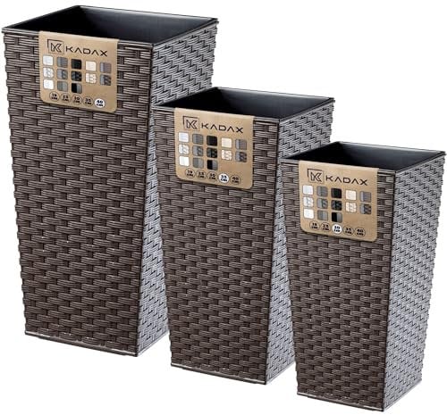 KADAX Set di 3 vasi alti per piante, Moka Rattan, H 57,5/68 / 75,5 cm – fioriera decorativa grande, vaso da esterno elegante