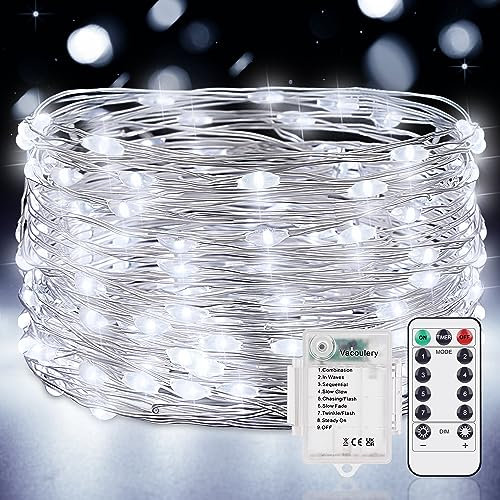 Vacoulery Lichterkette Batterie Timer 1 Stück 12M 12 LED Lichterkette mit Batterie 8 Modus Lichterkette Batterie mit Timer und Fernbedienung für Zimmer Terrasse Innen Außen Dekoration(Kaltweiß)