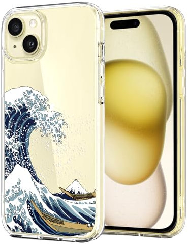 Unov Case Compatible with iPhone 15 Case Clear with Pattern Slim Protective Soft TPU Bumper Embossed Design 6.1 Inch (Great Wave)