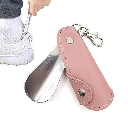 PW TOOLS Shoe Horn Keychains, Stainless Steel Shoehorn with PU Leather Case Keyring, Small Shoe Horn Lazy Shoe Helper, Shoe Horns for Men Women The Elderly Kids