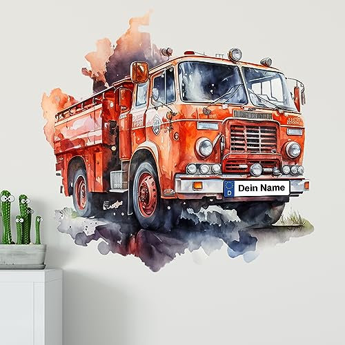 GRAZDesign Wandtattoo Feuerwehr Kinderzimmer Junge mit Namen personalisiert, Wand Aufkleber Tattoo Kinder Auto, Feuerwehrauto Wandaufkleber für Jungenzimmer 41x40cm
