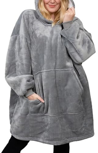 Michorinee Sherpa Hoodie Decke Sweatshirt Kuscheldecke Ultra Weiche Warme Original TV Decke mit Ärmel und Tasche Flanell Fleece Kapuzen Pullover für Erwachsene Männer Damen Teenager Hellgrau