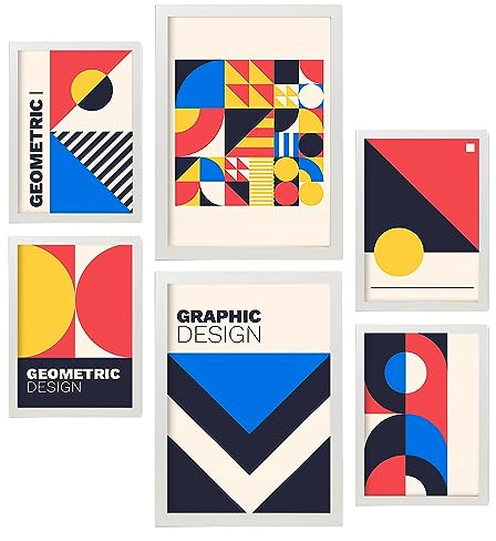 Nacnic Set von 6 Drucken im Bauhaus -Stil 1 Geometrische Designkollektion Drucke mit Frames Ästhetische dekorative Rahmen für Ihr Wohnzimmer, Schlafzimmer, Zuhause Größen A4 und A3 mit weißen Rahmen