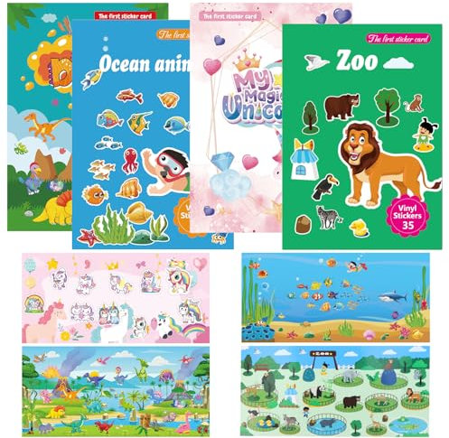 DAGORD 4 Stück Wiederverwendbare Sticker Kinder Stickerbücher Kleinkinder von Zoo Meerestiere Einhorn Dinosaurier - Spielzeug Sticker Wasserfest Stickerbuch für Kinder ab 3 Jahre Mädchen Jungen