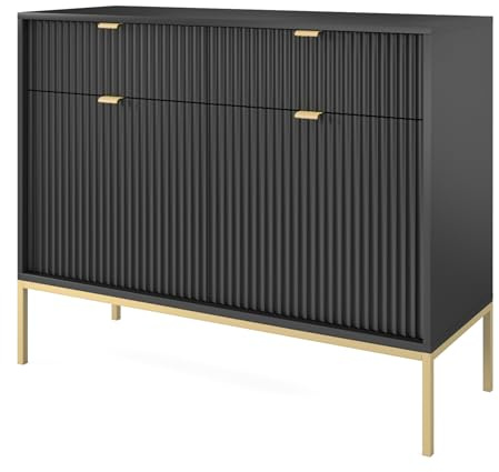 Selsey Vellore - Sideboard Kommode 2-türig mit 2 Schubladen, Schwarz mit geriffelten Fronten und goldenen Metallbeinen, 104 cm