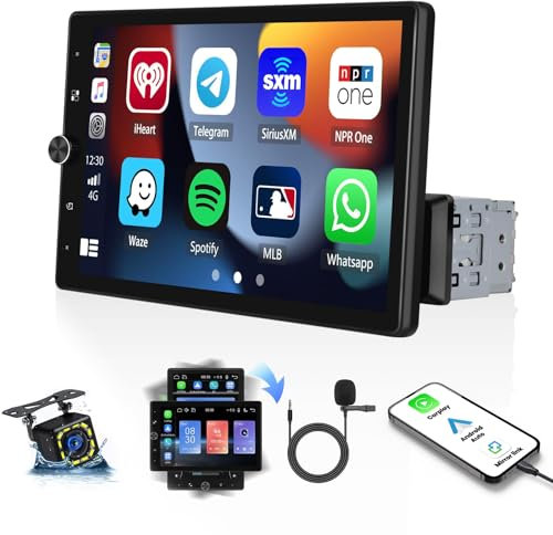 CAMECHO 1 Din Vertical Apple CarPlay Android Auto Autoradio, 10,4'' HD Angle Réglable Écran Tactile Autoradio avec Bluetooth GPS Mirror Link FM EQ SWC Commande au Volant + Caméra de Recul