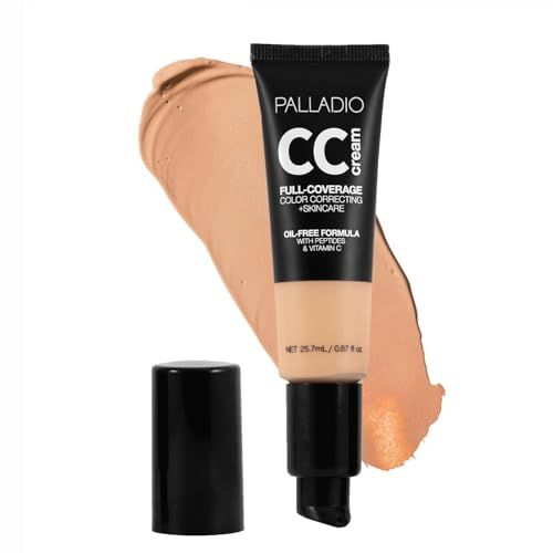 Palladio Full-Coverage Color Correction CC Cream, Ölfrei mit Peptiden & Vitamin C, Ideal zur Korrektur von Rötungen und ungleichmäßigem Hautton, Aufbaubare Foundation-Deckkraft (Medium 32W)