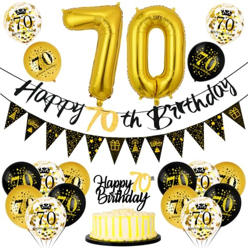 70 Geburtstag Deko Mann Frau, Luftballon 70 Geburtstag Schwarz Gold, 70 Happy Birthday Banner Wimpelkette, Folienballon Zahl 70, Cake Topper Schwarz Gold für 70 Geburtstag Party Dekoration
