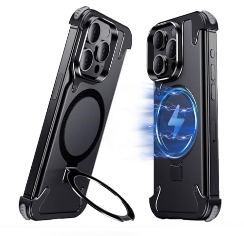 NIFBANG Stoßfest Aluminium für iPhone 15 Pro Hülle mit Magsafe,Leder Rahmenlose Handyhülle Anti-Scratch Anti-Fingerprint Handyhüllen Dünn,Schutzhülle mit Integrierter Ständer Phone Case