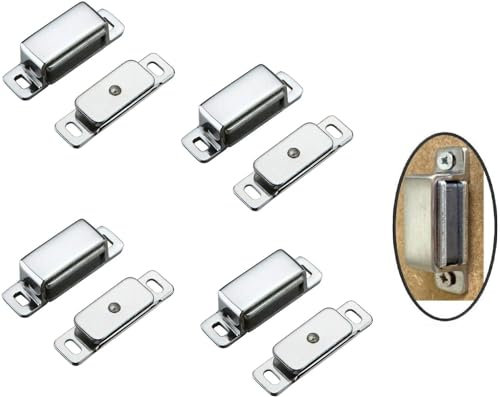 Silver Cupboard Magnetic Door Catch Cupboard Magnetic Latches for Cabinet Kitchen Latch with Screws Small Home Furniture Plastic Shell Metal Plate Pack of 4.
