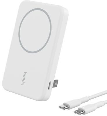 Belkin BoostCharge Pro Batterie Externe Magnétique sans Fil 5000mAh avec Qi2, Chargeur Portable Compatible MagSafe, Support intégré, Batterie Portable pour iPhone 16, iPhone 15, 14, 13, etc., Blanche