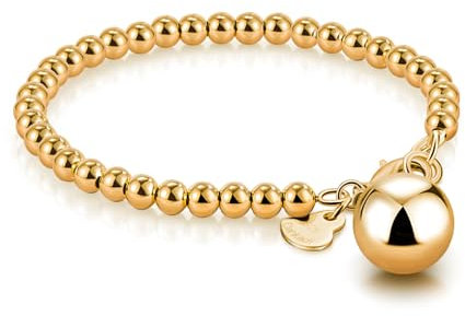 Dankadi Bracelet de Perles pour Femme en Argent 925 Large de 4MM 6MM Sans et Avec Pendentif Coeur, Long 13-21CM Doré Or Rose Cadeau Fête Maman Fille Homme (19CM, Doré 4MM Avec Pendentif Grelot)