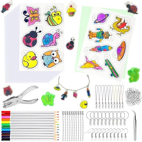 Schrumpffolie Set mit Schlüsselanhänger, 20 Stück A5 Schrumpffolie zum Bemalen, 2 Leuchten im Dunkeln Schrumpffolie Bedruckbar mit Schließe, Bleistifte, Locher für DIY Handwerk Spielzeug für Kinder