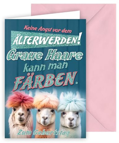 KE - Geburtstagskarte für Männer und Frauen, Glückwunschkarte, Glitzerkarte, inkl. Umschlag, DIN B6 Format, rosa, Motiv: Alpakas mit bunter Mähne