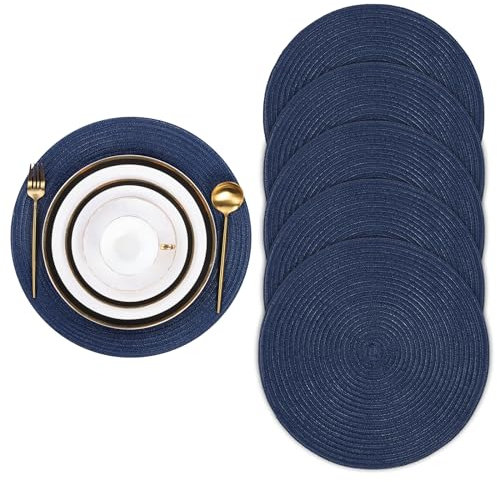 Pauwer Rund Tischset Platzset 6er Set, Geflochten Hitzebeständig Tischmatten Waschbare rutschfest Abwaschbar Platzdeckchen für Esszimmer, Küche, Hochzeit, Party, Marineblau