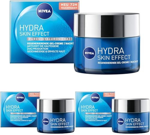 NIVEA Hydra Skin Effect Regenerierende Gel-Creme (50 ml), Nachtpflege für geschmeidige Haut über Nacht, leichte Nachtcreme mit purem Hyaluron [HA] für 72h Feuchtigkeit (Packung mit 3)