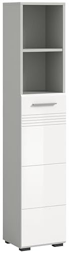 xonox.home Badezimmer Copa Hochschrank Schrank in Hellgrau Nachbildung und weiß Hochglanz tiefzieh ca. 30x150x30 cm