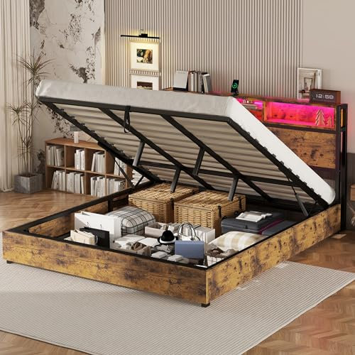 Bett 180x200 cm, LED Doppelbett mit Stauraum und Lattenrost, Kopfteil mit Staufach und USB-Ladefunktion, Hydraulisch Stauraumbett Funktionsbett Jugendbett Gästebett Bettgestell, ohne Matratze, Braun