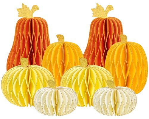 SUNBEAUTY Fall Decorations Paper Pumpkins Poms Orange Gold Yellow 8Pcs Autumn Pumpkins for Harvest Halloween Fall and Thanksgiving Baby Shower Party Fall for Home Decoration