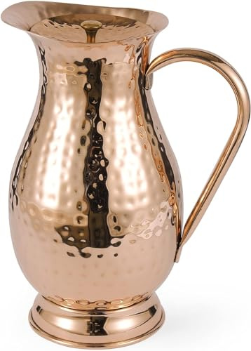 100% Pure Copper Pitcher 70 Ounces | Handmade Hammered Large Jug with Lid, Water Mugs Unlined Uncoated Chemical Free for Ayurveda Health Benefits | Copper Carafe For Home for Home & Gifting (2000ml)