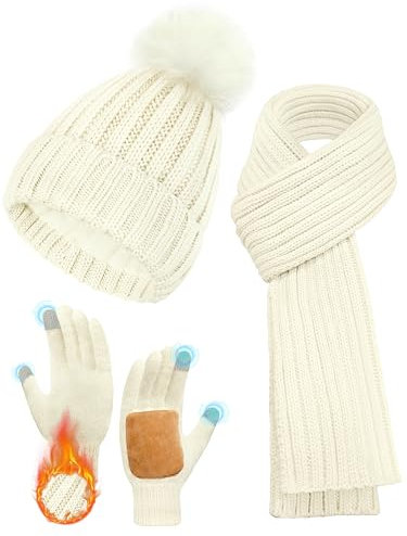 JKKLCC Mütze Schal Und Handschuhe Set Damen,Winter Mütze Mit Pom Pom Fleece Gefüttert Thermisch, Touchscreen Handschuhe,Schal Hals Wärmer 3 In 1 Kaltes Wetter Sets, weiß
