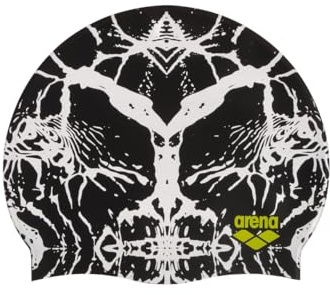 Arena Print 2 Unisex Silikon-Schwimmkappe für Erwachsene, Damen und Herren, Schwimmzubehör für intensives Training, bequeme, rutschfest, für langes Haar, Schwarz/Weiß