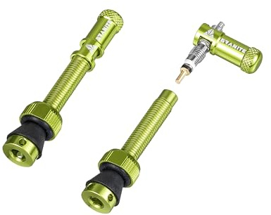 Granite Juicy Nipples Presta Valve Caps and 44mm Matching Stem (Green) | 6061 alloy, doubles as valve core remover, 4-hole stems for tyre inserts, hex keyhole base, multiple colours