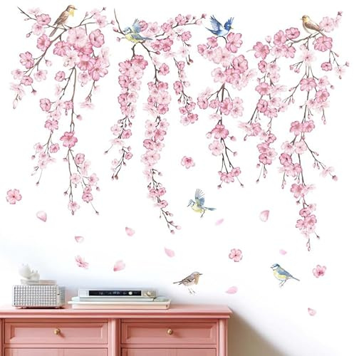 Kirschblüten Blume Wandaufkleber für das Schlafzimmer Wandtattoo: Abziehen und kleben Vogel Rosa Blumen Baumzweig Wandabziehbilder - Wohnzimmer Büro Badezimmer