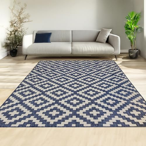 homeart Area Rugs – Durable, Stain-Resistant, Vibrant Geometric Design Carpets – Easy-Clean Rugs for Living Room, Kitchen, Entryway, or Bedroom – Square - D.Blue Cream - 80x150 cm