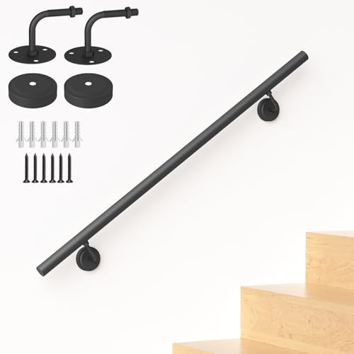 NArra 2FT Industrial Metal Stair Handrail,Round Pipe Stair Railing | Indoor/Outdoor Wall Mount Support Staircase Handrail,440LBS Load Hand Rails,Safety Grab Bar Porch Stairway Steps Railing