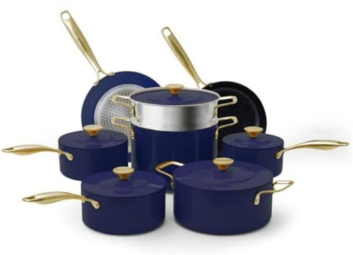 HJZSZX 13pc Cookware Set Healthy Diamond Infused Nonstick Ceramic Coating Stay Cool Handles Induction,Blueberry,A