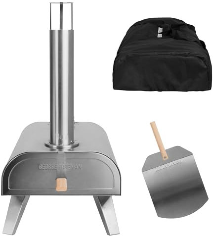 George Foreman Outdoor 12 Inch Wood Pellet Portable Wood Fired Pizza Oven Stainless Steel with Paddle and Carry Bag, BBQ Oven & Smoker, Foldable Legs GFWPPO1SSPC