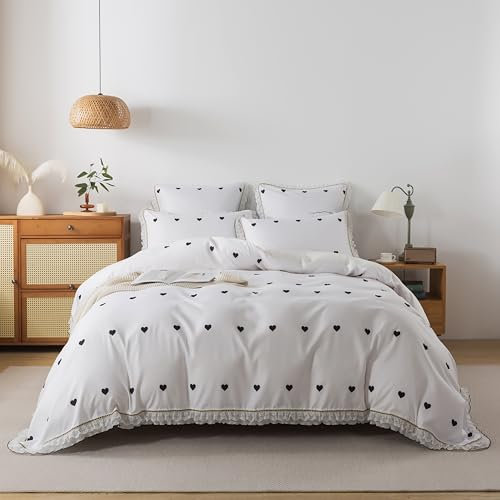 DJDEA Bettwäsche Weiß mit Roten Herzen 135x200 Bettbezug 2teilig Microfaser Rot Weiss Herzchen Bettwäsche Set und Kissenbezug 80x80 cm mit Reißverschluss und Krawatte