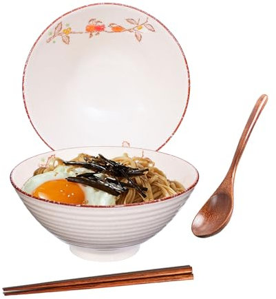 Ceraozmus 40 OZ Ceramic Ramen Bowls, 8 in Large Japanese Noodle Soup Bowl, Match Chopsticks and Spoons, Suitable for Pho, Udon Asian Noodles (Flowers and Birds)