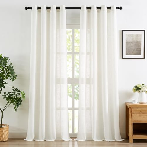 Treatmentex Leinen Gardinen mit Ösen 136cm Breite Slub-Textur Halbtransparent Ösenvorhang Gardinen Leinenoptik Lichtdurchlässig Vorhänge für Schlafzimmer Bauernhaus Wohnzimmer-2 Stücke 136x180CM Natur