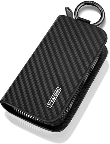 T-carbon Universal Premium Key Fob Holder Car Key Cover Case Protector;Genuine Carbon Fiber and Leather Key Fob Pouch Fits Smart Remote Keyless Accessories Black