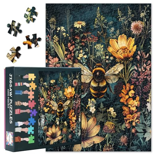 Retro-Landschaft 1000-teiliges Puzzle für Erwachsene, Vintage-Blumenmuster mit Wildblumen und Hummeln, Puzzles 1000 Teile, Unmöglich schwierige Puzzles für Erwachsene, 50 x 70 cm