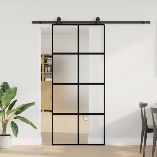 Hoodmeel Schiebetür Komplettset mit tür Glasschiebetür Schiebetüren Wandmontage Schiebetürsystem Zimmertüren -Schwarz und matt-90 x 205 cm (200 cm Gleitschiene)