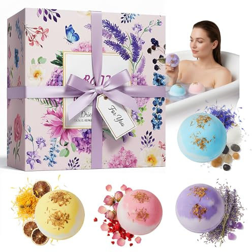 4 x 100g Bombas de Baño Naturales, Set Bolas de Baño Relajantes con Aceites Esenciales, Spa Baño de Burbujas para Navidad, San Valentín, Cumpleaños para Hombre, Ella