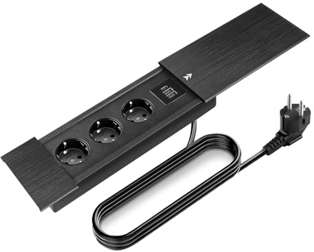 Aluminium Tischplatte Versenkte Steckdose, Tischsteckdose mit 3 Steckdosen, 2 USB und Type C Anschlüsse, 250V 16A/3000W Einbausteckdose mit Schiebedeckel für Schreibtische, Arbeitstische, Esstische