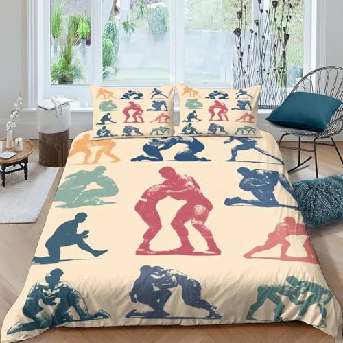 LYJSMDAAA Wrestling Poses Bettdeckenbezug Microfaser 3 teilig 3D Effekt Zip Verschluss Vintage Sport illust Bettbezug Schlafkomfort mit Kissenbezügen for Erwachsene Einzel(140x200cm)