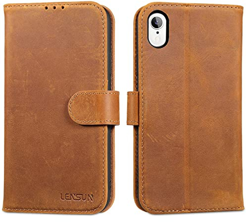 LENSUN Echtleder Hülle für iPhone XR, RFID Schutz Fach, Vintage Braun | Handyhülle Echtes Leder, Sicherer Magnetverschluss, Retro Design Handytasche, Patina Lederhülle