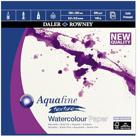 Daler-Rowney Aquafine CP Watercolour 300gsm 25 x 25cm Paper Pad 12 Sheets | Textured Cold Pressed Watercolour & Gouache Paper, Natural White, Glued 1 Side, For Professional Artists, Acid-Free
