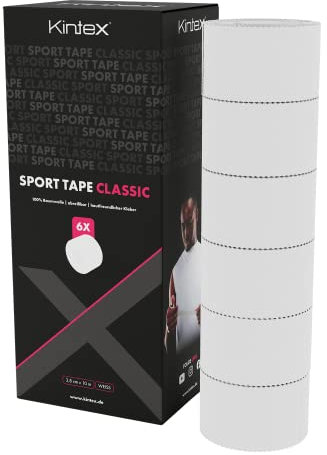 Kintex 6 Rollen Sporttape, 3,8 cm x 10 m, unelastisch, starres Tape, zur Fixierung und Stabilisierung von Gelenken, Fingertape, Tapeverband, hautfreundlich, reißbar (Weiß)
